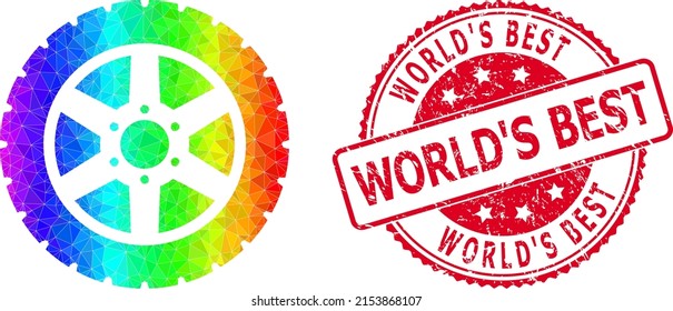 Red round unclean WORLD'S BEST badge and low-poly tire wheel icon with spectrum colored gradient.