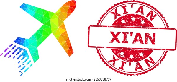 Red round unclean XI'AN badge and lowpoly jet liner icon with spectrum colorful gradient. Triangulated spectrum colorful jet liner polygonal icon illustration with Xi'An dirty round red stamp.