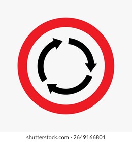 Red Roundabout Sign: a roundabout sign featuring circular design and arrows in a simple and eye-catching way.	
