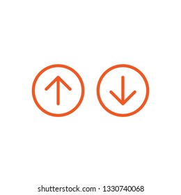 red rounded arrow up in red orange circle and red rounded arrow down in red circle. flat icon isolated on white. point down button. south sign. Upload icon. Upgrade. download, share
