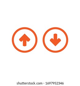 red rounded arrow up in red orange circle and red rounded arrow down in red circle. flat icon isolated on white. point down button. south sign. Upload icon. Upgrade. download, share