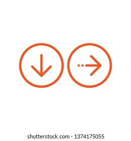 red rounded arrow right in red orange circle and red rounded arrow down in red circle. flat icon isolated on white. point down button. south sign. Upload icon. Upgrade. download, share