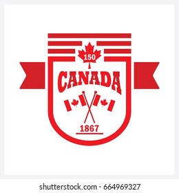 Red rounded banner Canada 150 and flags emblem icon on white background