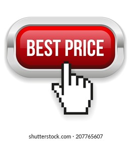 Red rounded best price button with metallic border on white background