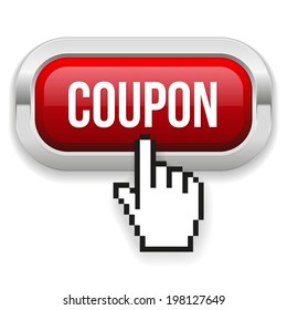 Red rounded coupon button with chrome border on white background