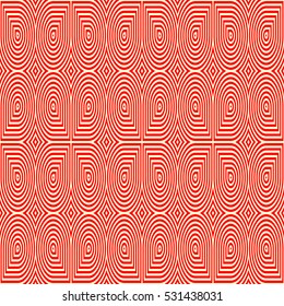 Red rounded figures on yellow background. Seamless symmetric geometric repeating shapes abstract. Circles and rhombuses surface pattern design. Digital paper for web design. Vector art illustration