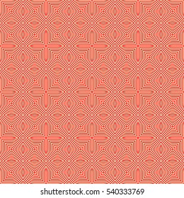 Red rounded figures on yellow background. Seamless symmetric geometric repeating shapes abstract. Circles and rhombuses surface pattern design. Digital paper for web design. Vector art illustration