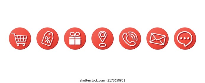 red rounded highlight covers for online shopping page, red vector icons for e-commerce design, shop, sale, gift, location, contacts, client comments