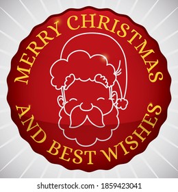 Red rounded label with happy Santa Claus face in outline style and greeting for Christmas and best wishes.