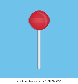 Red rounded lollipop. Blue background. Minimalist style. Vector illustration, flat design