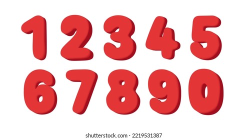 Red rounded numbers typo set, isolated 3d letters