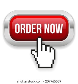 Red rounded order now button with metallic border on white background