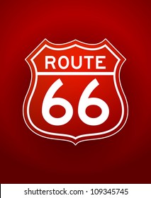 Red Route 66 Silhouette - White line art illustration of Route 66 Sign on red background