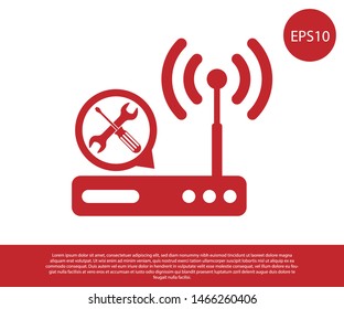 Red Router wi-fi with screwdriver and wrench icon isolated on white background. Adjusting, service, setting, maintenance, repair, fixing.  Vector Illustration