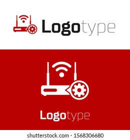Red Router and wi-fi signal and gear icon isolated on white background. Adjusting app, service concept, setting options, maintenance, repair, fixing. Logo design template element. Vector Illustration