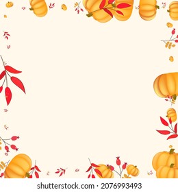 Red Rowan Background Beige Vector. Gourd October. Colorful Halloween Banner. Picking Template. Green Leaf Thanksgiving Set.