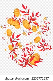 Red Rowan Background Transparent Vector. Colorful Invitation Illustration. Yellow Leaf Halloween Set. Plant Farm. Cute Texture.