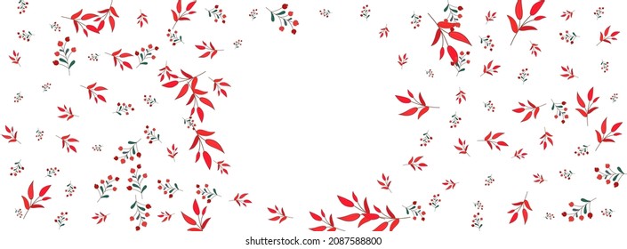 Red Rowan Background White Vector. Leaf Forest Set. Pink Herb. Burgundy Foliage Autumn. Dry Frame.