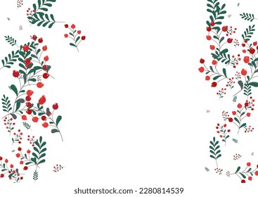 Red Rowan Background White Vector. Leaf November Frame. Green Berries Elm. Simple Set. Foliage Isolated.