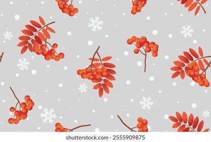 Red rowan berries and leaves on a snow background. Seamless pattern. Festive background for paper, gift wrap, textile,  card, wallpaper.