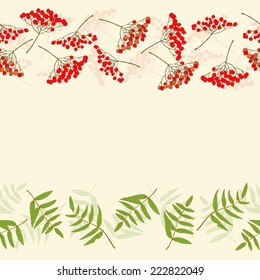 Red rowan berry and rowan leaves beautiful delicate autumn season seamless double horizontal border