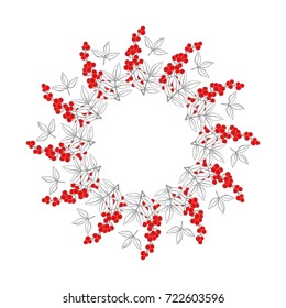 Red rowan ink drawing. Vector illustration. Round frame, decorative border drawn by hand. 