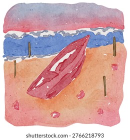 Red Rowing Boat Resting on Sandy Beach Shore Clipart Watercolor Illustration | Vector