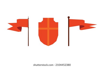 Red Royal Flag on Pole as Medieval Monarchy Symbol and Castle Tower Element Vector Set