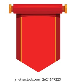 Red royal pennant with golden borders hanging on wooden rollers isolated on white background
