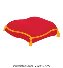 Red royal pillow with golden tassels is lying isolated on white background
