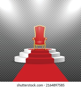 Red royal realistic throne chair on podium, vector illustration isolated on transparent background. Carpet and stairs, light beams of spotlight from up side and angles