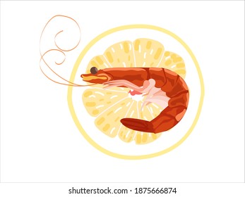 Red Royal Shrimp on a background of yellow lemons on white isolated background