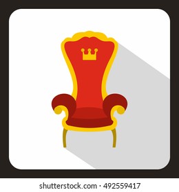 Red royal throne icon. Flat illustration of royal throne vector icon for any web design. Kings chair sign