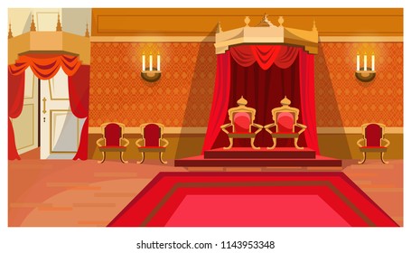Red royal thrones in palace vector illustration. Candlesticks on wall, red curtain hanging from big crown-shaped frame. Interior illustration