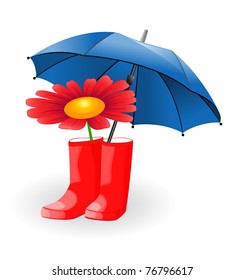 Red rubber boots with a flower placed under a blue umbrella