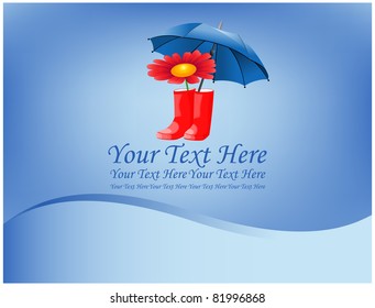 Red rubber boots with a flower placed under a blue umbrella on abstract background