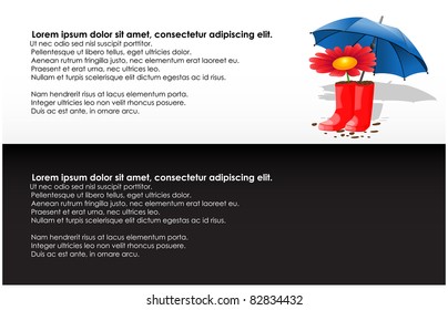 Red rubber boots with a flower placed under a blue umbrella on black and white background