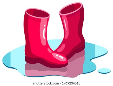 Red rubber boots reflected in a puddle.