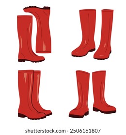 Red rubber boots set vector illustration. Human legs isolated on white background. Modern autumn foot wear.