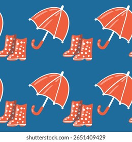 Red rubber boots with white polka dots and a red umbrella, blue background, seamless pattern. Perfect for autumn, spring, and rainy day, children projects. Playful style, hand-drawn illustration.