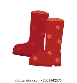 Red rubber children boots decorated with star pattern. Protective autumn shoes. Simple color cozy illustration. Hand drawn cartoon vector isolated on white background