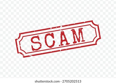 Roter Gummi bedrängter rechteckiger Vintage-Stempel mit dem Wort SCAM auf transparentem Hintergrund