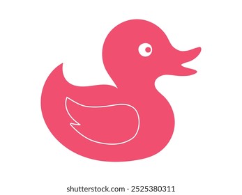 Pato de goma rojo aislado sobre fondo blanco. Ilustración plana de dibujos animados. Concepto de juguetes de baño de los niños, pájaro lindo, arte brillante, patito. Icono, elemento de diseño, juguete juguetón para niños