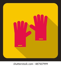 Red rubber gloves icon in flat style on a yellow background vector illustration