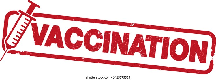 red rubber stamp print with word VACCINATION and syringe icon vector illustration