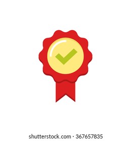 Red rubber stamp seal vector icon with tick and ribbon, approved label symbol, confirmation badge, concept of award prize, medal emblem flat modern design isolated on white 