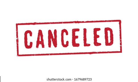 Red rubber stamp  with word CANCELED inside rectangle. American english spelling. Isolated on white backgrond.