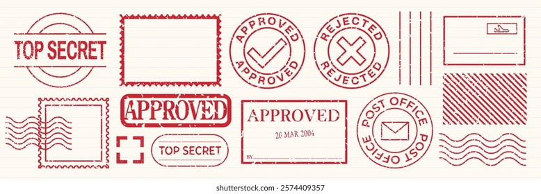 Red rubber stamps with text: 'Top Secret', 'Approved', 'Rejected', 'Post Office'. Various stamp designs, including circular and rectangular shapes. Red stamps, vector set.