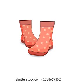 Red rubber women's boots with polka dots on a white background