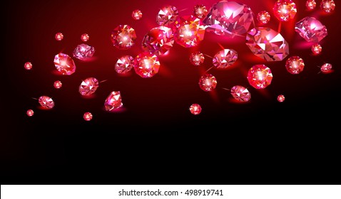 Red rubies scattered on a black background. Vector illustration.